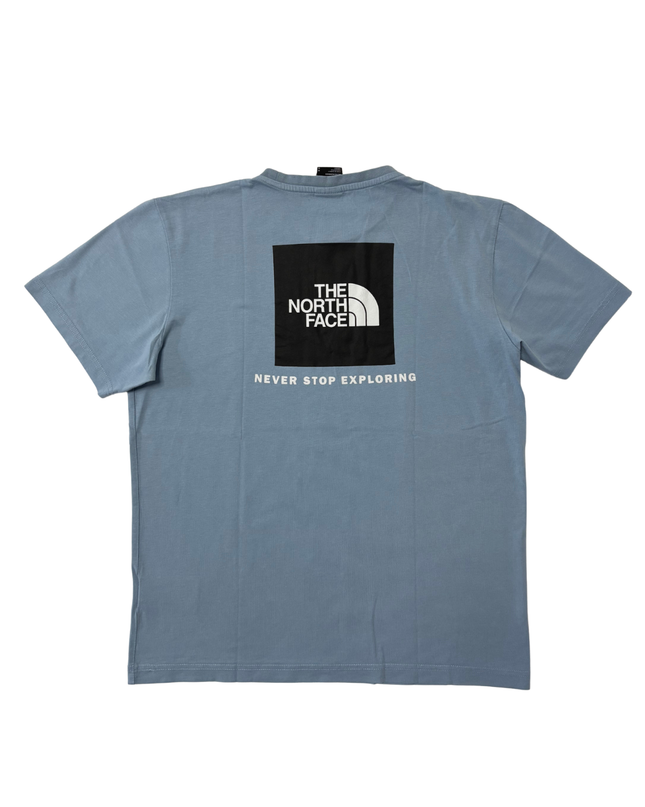 The North Face Light Blue Box Logo "Never Stop Exploring" T-Shirt - M