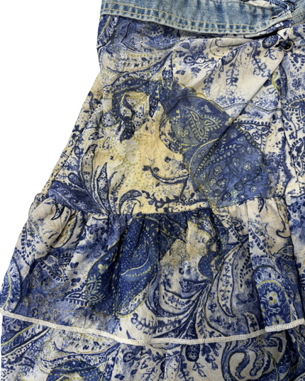 Hollywood The Jean People Denim Waist Paisley Ruffle Mini Skirt - XS | Waist: 13.3"