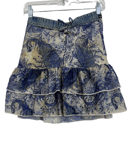 Hollywood The Jean People Denim Waist Paisley Ruffle Mini Skirt - XS | Waist: 13.3"