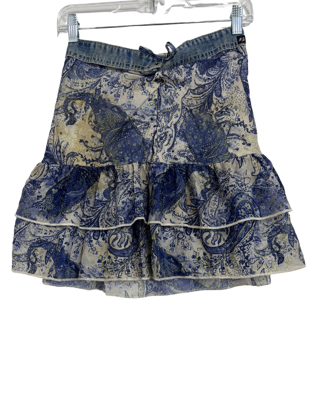 Hollywood The Jean People Denim Waist Paisley Ruffle Mini Skirt - XS | Waist: 13.3"