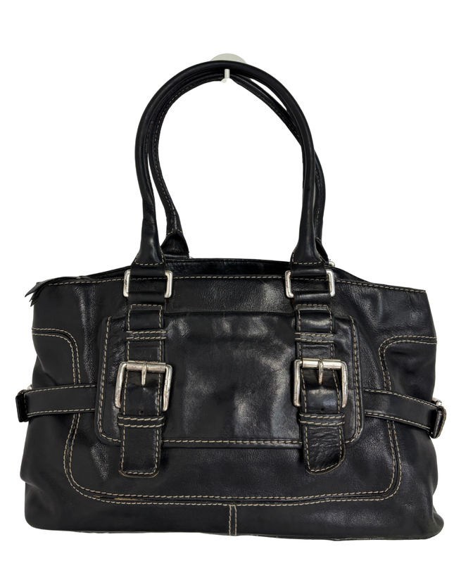 Michael Kors Black Leather White Contrast Stitching & Silver Buckles Satchel Bag