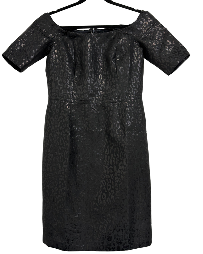 Calvin Klein Off-Shoulder Black Jacquard Leopard Print Cocktail Dress