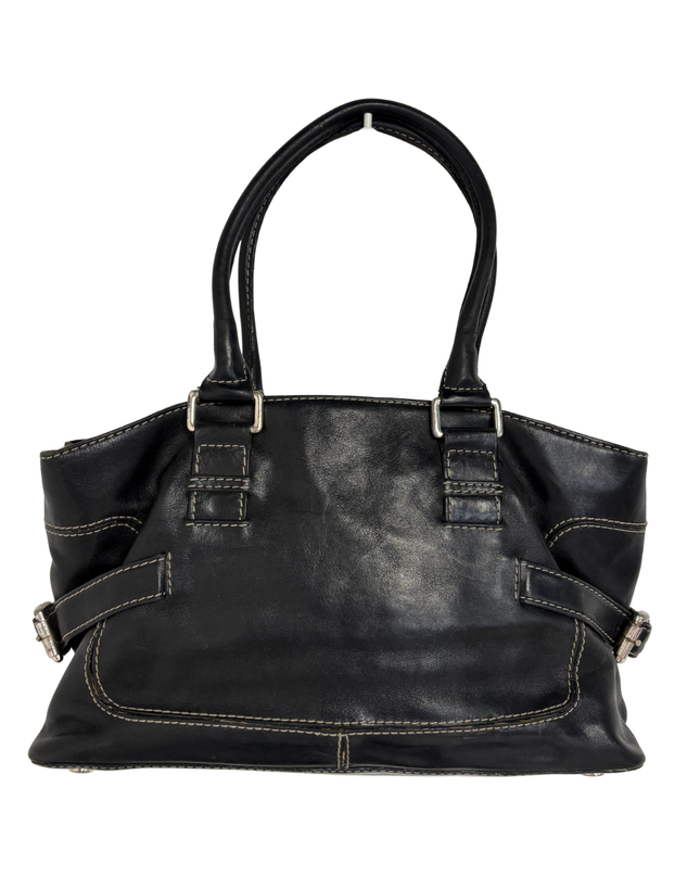 Michael Kors Black Leather White Contrast Stitching & Silver Buckles Satchel Bag