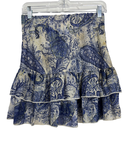 Hollywood The Jean People Denim Waist Paisley Ruffle Mini Skirt - XS | Waist: 13.3"