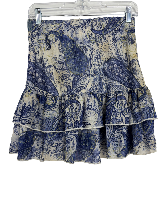 Hollywood The Jean People Denim Waist Paisley Ruffle Mini Skirt - XS | Waist: 13.3"
