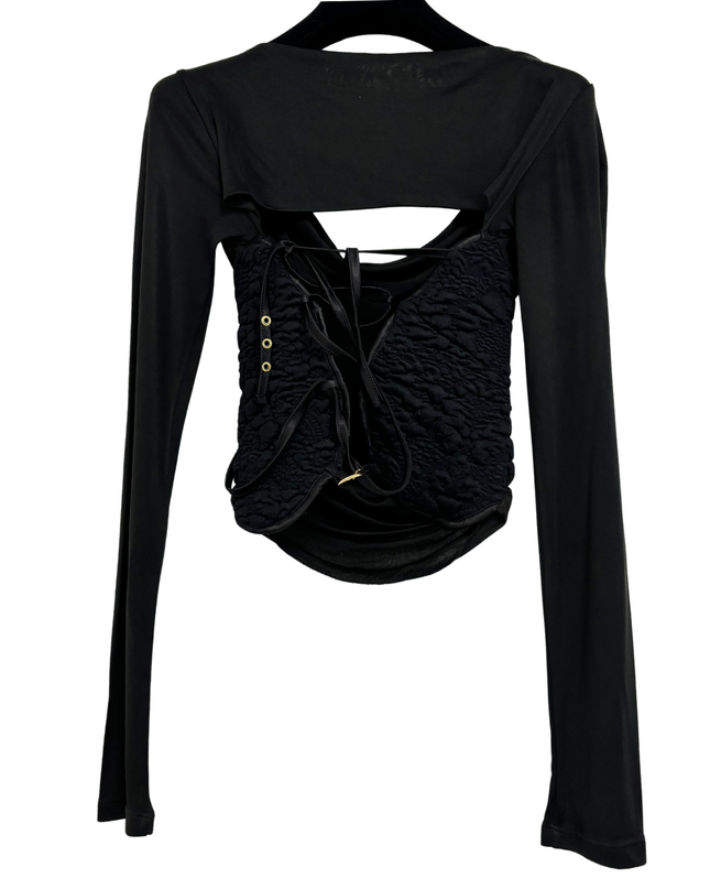 Versace Jeans Couture Black Long Sleeve Draped Cowl Neck Corset Top