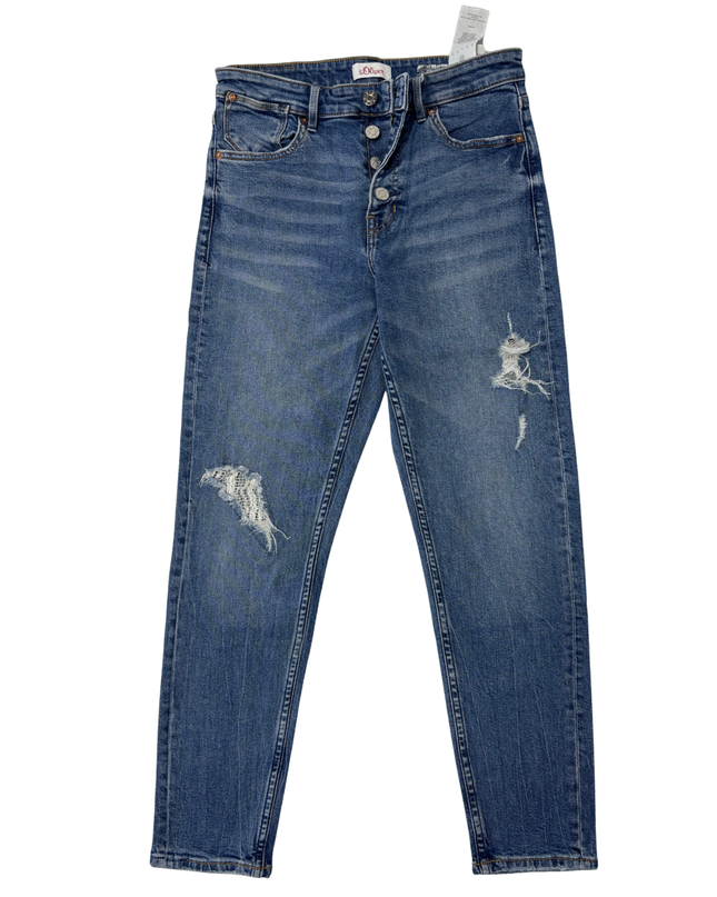 S.Oliver Distressed Mid-Wash Blue Button Fly Skinny Jeans - S | Waist: 28"