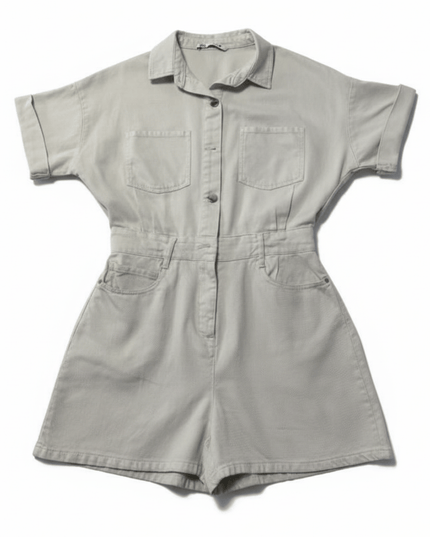 Zara Ecru Denim Utility Short Sleeve Romper Jumpsuit