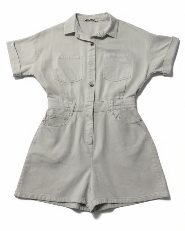 Zara Ecru Denim Utility Short Sleeve Romper Jumpsuit