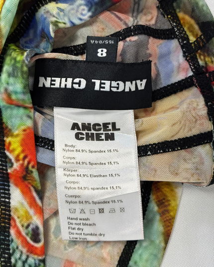 Angel Chen Dragon Ship Asian Print Mesh Multicolor Turtleneck Top