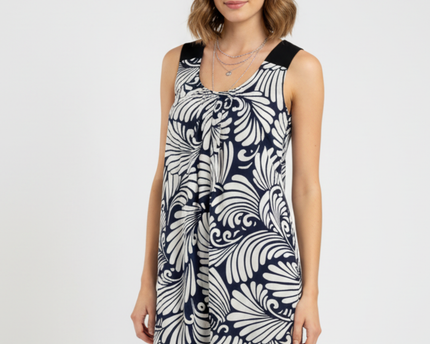 Zara Basic Navy & White Abstract Print Sleeveless Balloon Hem Dress