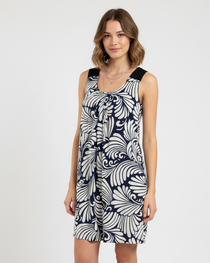 Zara Basic Navy & White Abstract Print Sleeveless Balloon Hem Dress