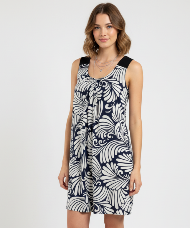 Zara Basic Navy & White Abstract Print Sleeveless Balloon Hem Dress