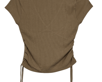 American Eagle Khaki Ribbed V-Neck Drawstring Ruched Short Sleeve Top