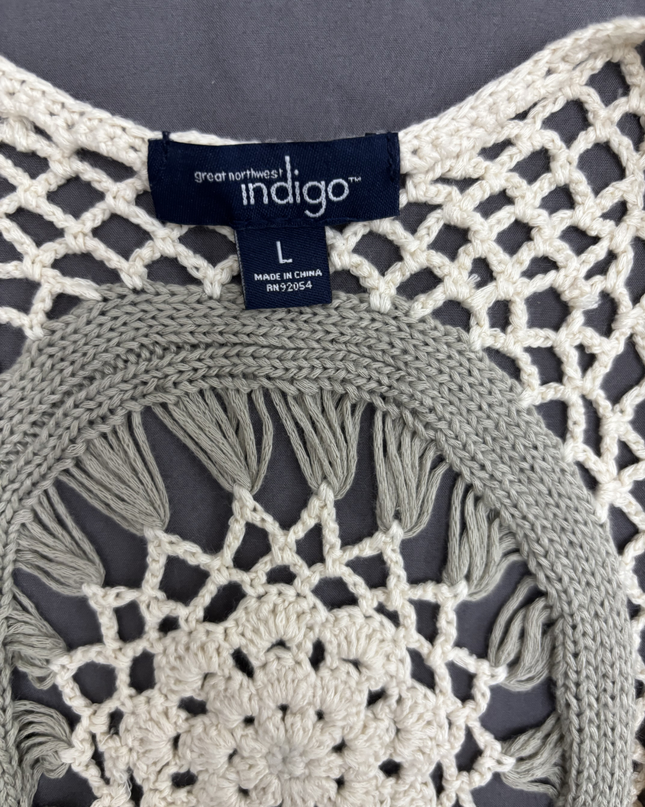 Great Northwest Indigo Boho Crochet Fringe Open In Earth Tones Vest - S