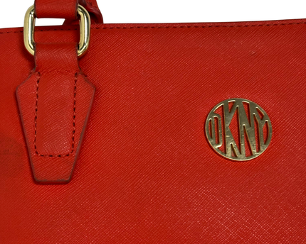DKNY Bright Red Saffiano-Style Leather Gold Logo Structured Tote Bag