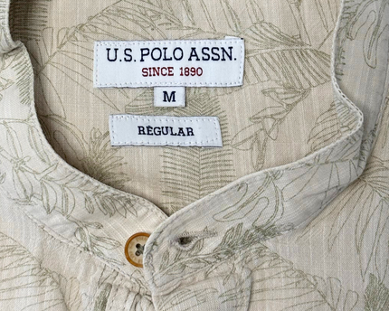 U.S. Polo Assn. Regular Fit Beige Tropical Print Long Sleeve Banded Collar Shirt