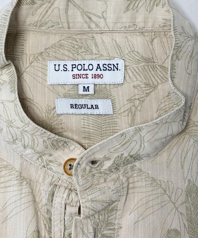 U.S. Polo Assn. Regular Fit Beige Tropical Print Long Sleeve Banded Collar Shirt