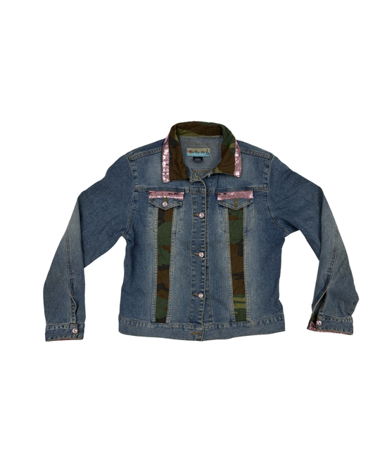 Too She She Camo Panel Pink Sequin Embellished Blue Denim Jacket - M
