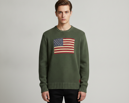 Ralph Lauren Green American Flag Cotton Knit Sweater