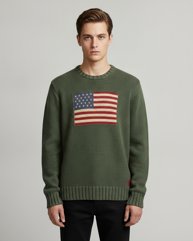 Ralph Lauren Green American Flag Cotton Knit Sweater