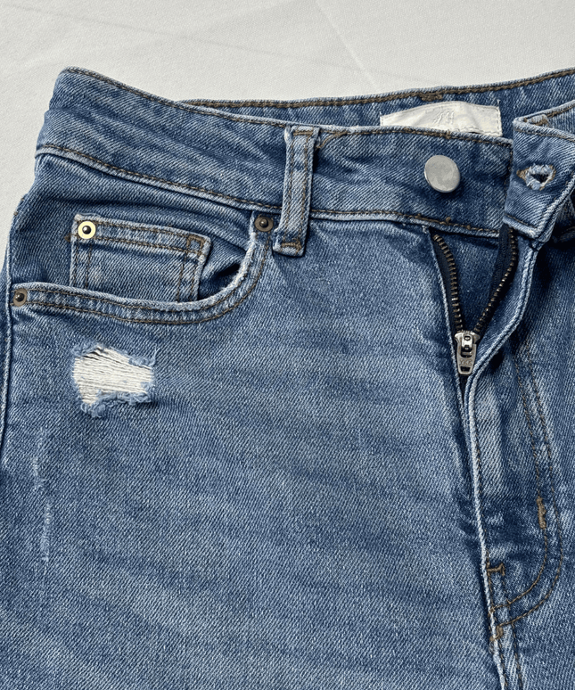 H&M High Rise Distressed Straight Leg Blue Denim Jeans
