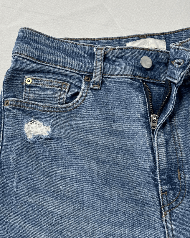 H&M High Rise Distressed Straight Leg Blue Denim Jeans
