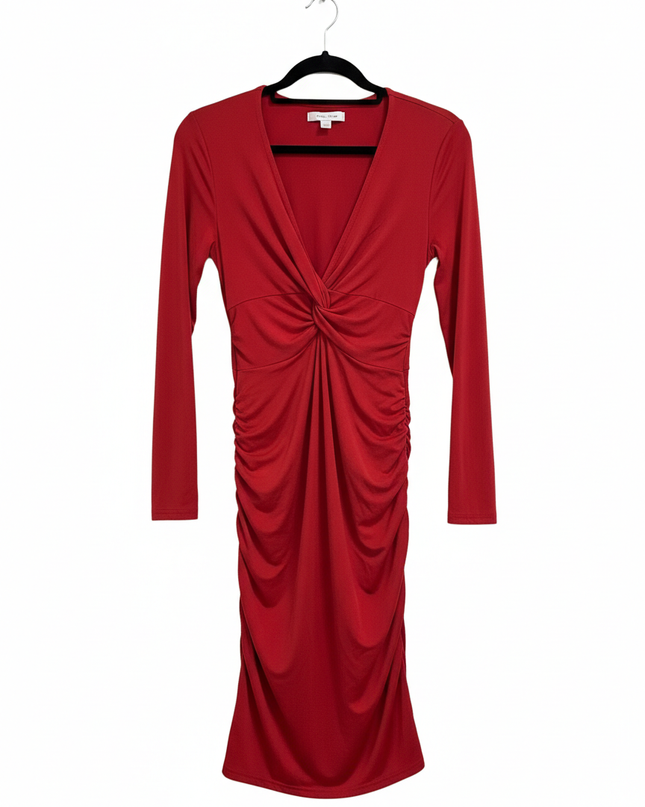 AMISU V-Neck Ruched Long Sleeve Bodycon Dress