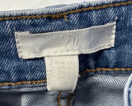 H&M High Rise Distressed Straight Leg Blue Denim Jeans