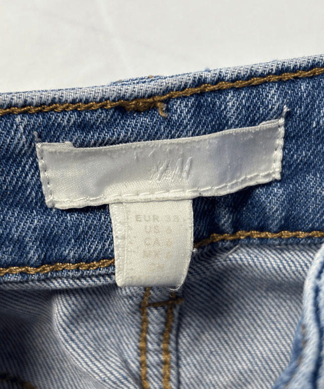 H&M High Rise Distressed Straight Leg Blue Denim Jeans