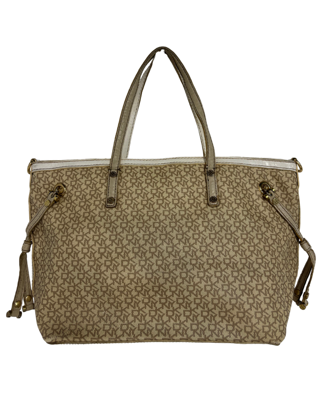 DKNY Tan Monogram White Patent Trim & Side Drawstring Detail Canvas Tote Bag