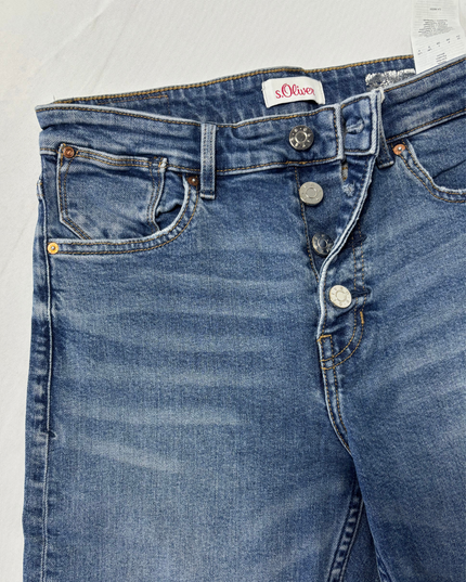 S.Oliver Distressed Mid-Wash Blue Button Fly Skinny Jeans - S | Waist: 28"