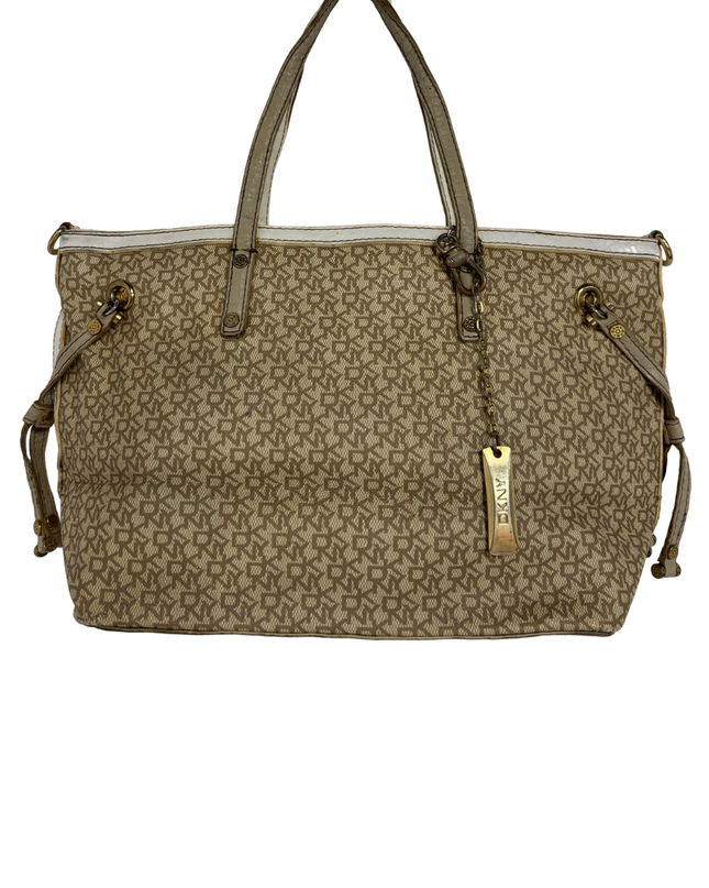 DKNY Tan Monogram White Patent Trim & Side Drawstring Detail Canvas Tote Bag