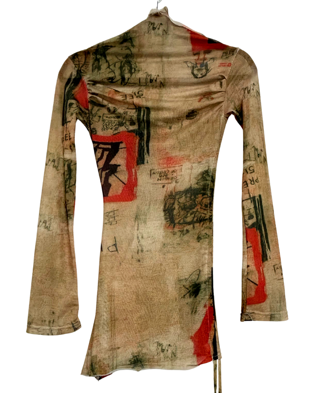 Avant-Garde Sheer Graffiti Art & Asymmetrical Hem Mesh Top