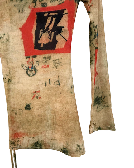 Avant-Garde Sheer Graffiti Art & Asymmetrical Hem Mesh Top