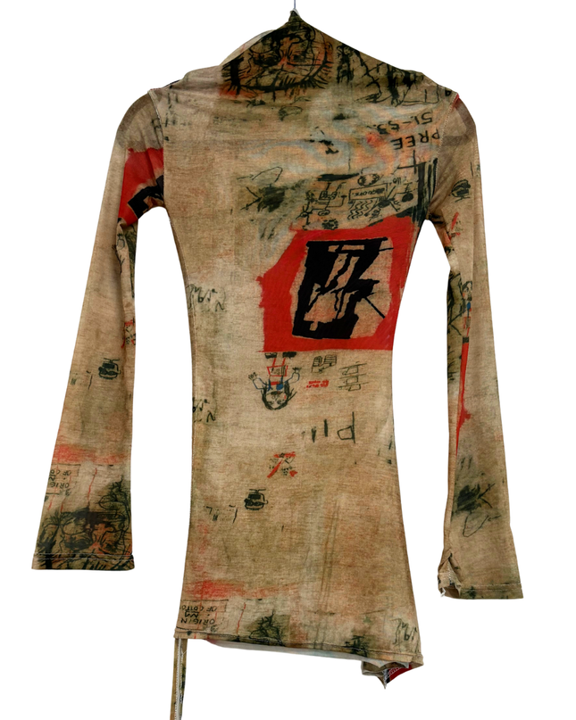 Avant-Garde Sheer Graffiti Art & Asymmetrical Hem Mesh Top