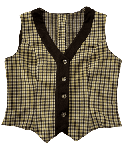Vintage Checkered Brown & Mustard Pointed Hem Button-Up Vest