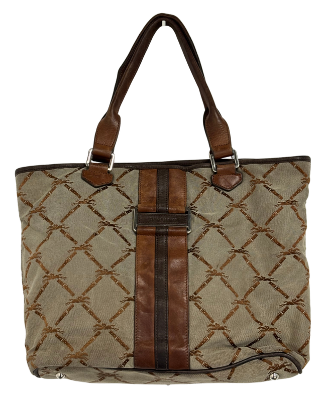 Longchamp Vintage Brown Jockey Logo Jacquard Tote Bag