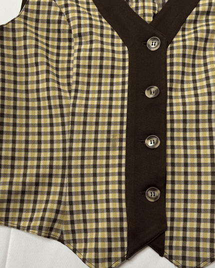 Vintage Checkered Brown & Mustard Pointed Hem Button-Up Vest