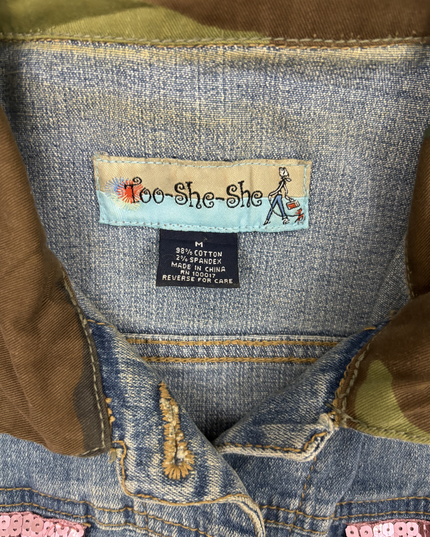 Too She She Camo Panel Pink Sequin Embellished Blue Denim Jacket - M