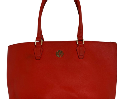 DKNY Bright Red Saffiano-Style Leather Gold Logo Structured Tote Bag