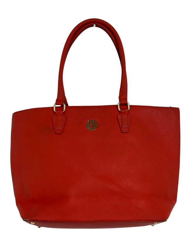 DKNY Bright Red Saffiano-Style Leather Gold Logo Structured Tote Bag