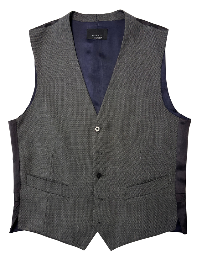 ZARA MAN Charcoal Grey Micro-Check Tailored Waistcoat