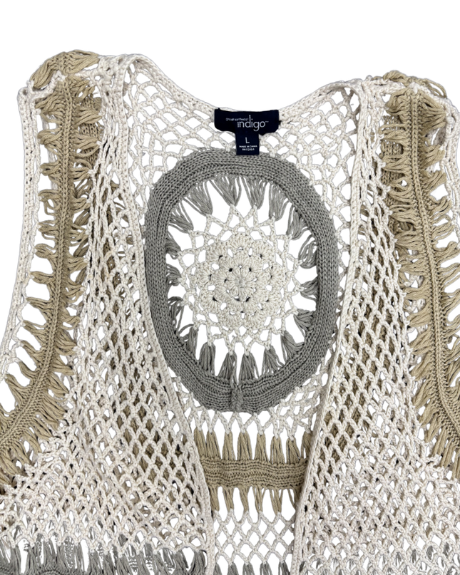 Great Northwest Indigo Boho Crochet Fringe Open In Earth Tones Vest - S