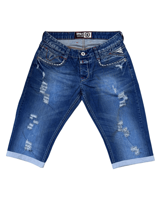 Republic 1980 Distressed Denim Shorts – Y2K Graphic Back Pocket Style - L