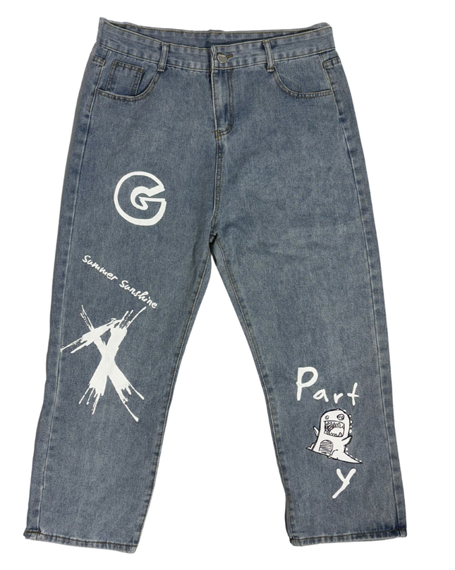 Party Print Tapered Jeans - Unisex Streetwear | Waist: 34 (W:XXL | M:L)