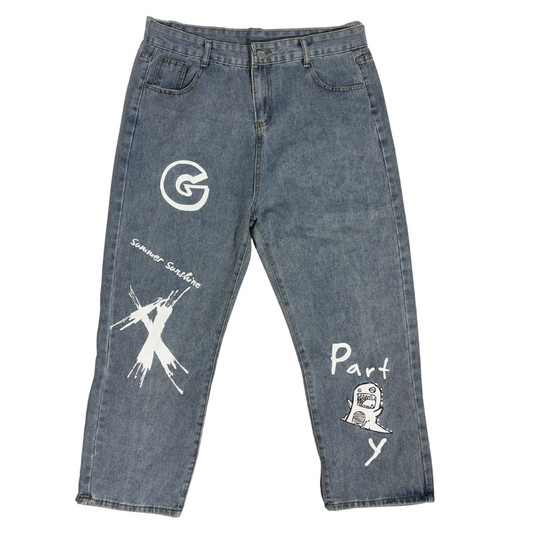 Party Print Tapered Jeans - Unisex Streetwear | Waist: 34 (W:XXL | M:L)