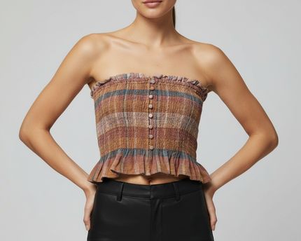 American Eagle Orange Plaid Smocked Peplum Tube Top