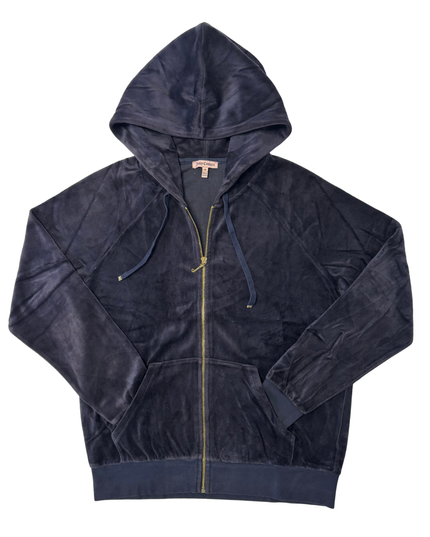 Juicy Couture Navy Blue Velour Gold Zip Detail Zip-Up Hoodie - L