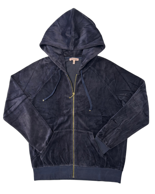 Juicy Couture Navy Blue Velour Gold Zip Detail Zip-Up Hoodie - L